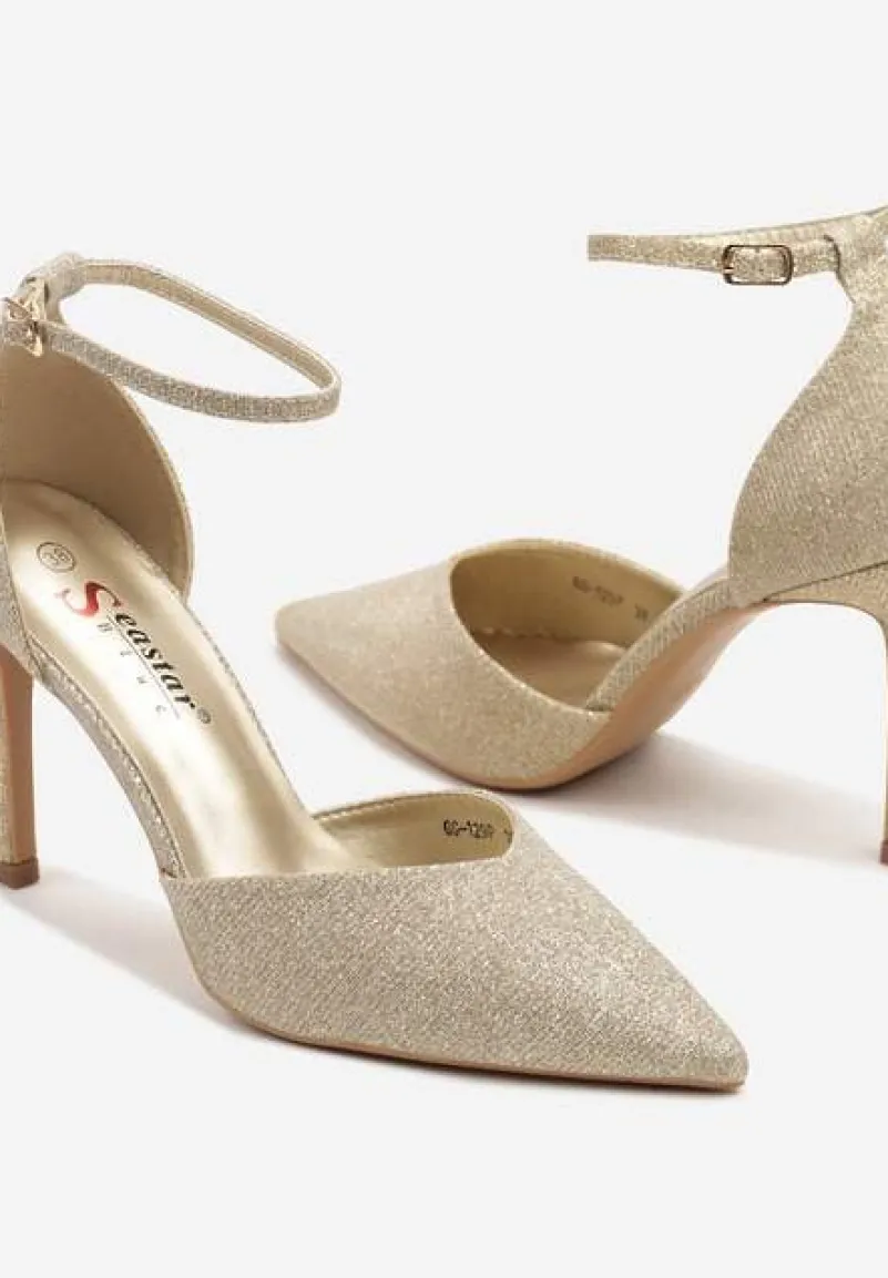 Złote Brokatowe Szpilki ze Szpiczastym Noskiem i Paskiem ze Sprzączką Danarilis