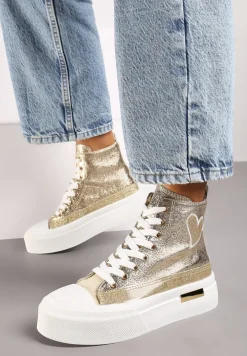 Złote Brokatowe Trampki na Platformie z Cholewką za Kostkę Nevirosa
