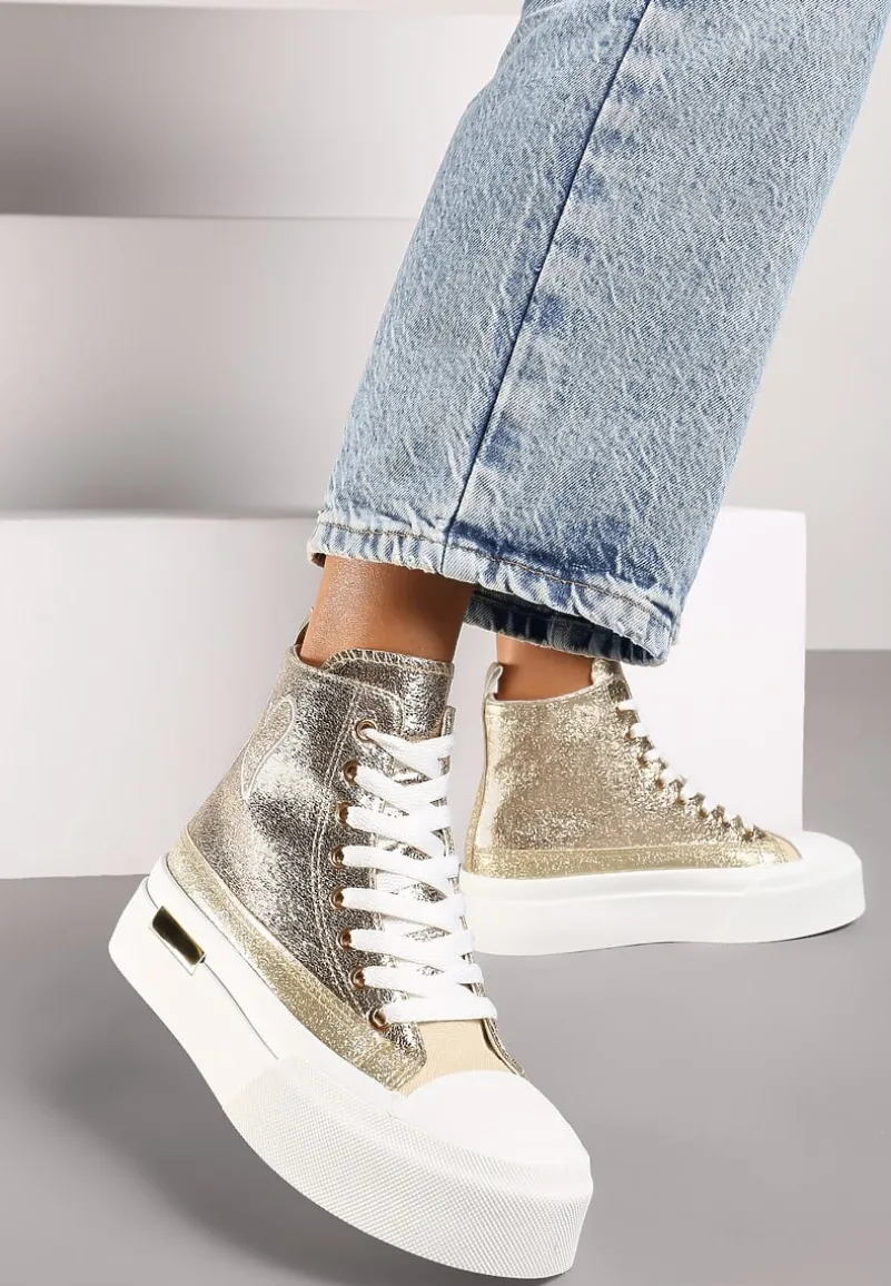 Złote Brokatowe Trampki na Platformie z Cholewką za Kostkę Nevirosa
