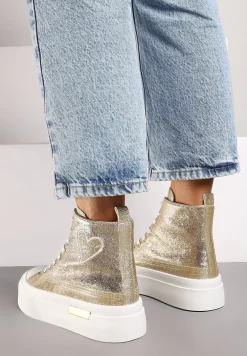 Złote Brokatowe Trampki na Platformie z Cholewką za Kostkę Nevirosa