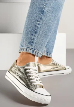 Złote Brokatowe Trampki z Napisem i Niską Cholewką Borlevi