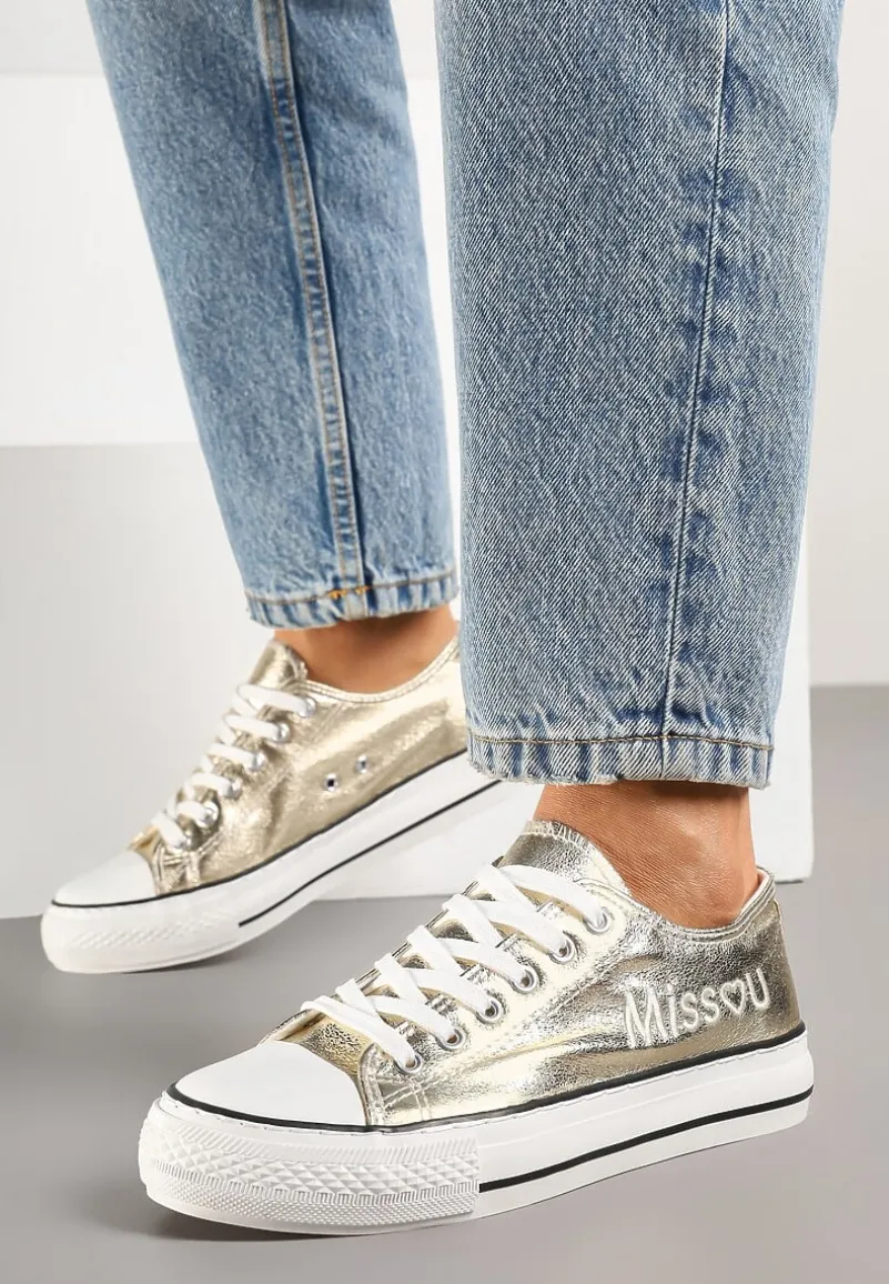 Złote Brokatowe Trampki z Napisem i Niską Cholewką Borlevi