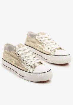 Złote Brokatowe Trampki z Napisem i Niską Cholewką Borlevi