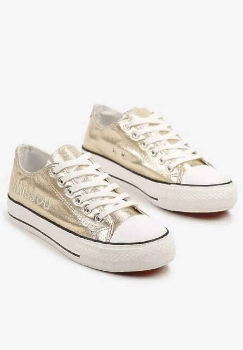 Złote Brokatowe Trampki z Napisem i Niską Cholewką Borlevi