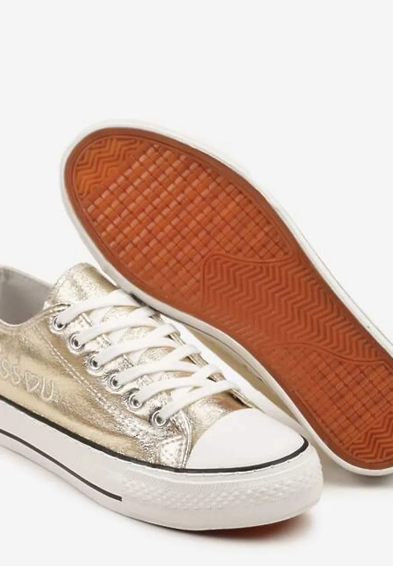 Złote Brokatowe Trampki z Napisem i Niską Cholewką Borlevi