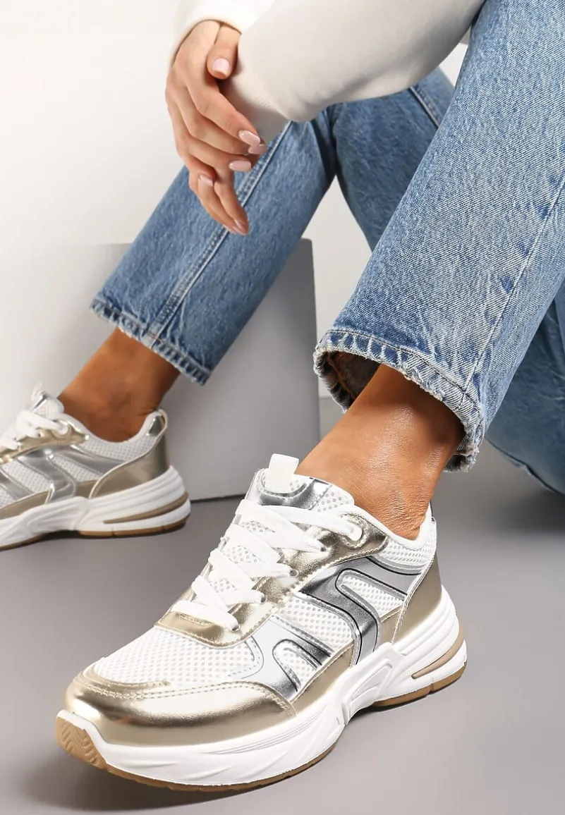 Złote Buty Sportowe Ozdobione Siateczką i Metalicznymi Wstawkami Lawinle