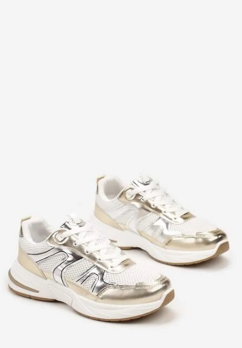 Złote Buty Sportowe Ozdobione Siateczką i Metalicznymi Wstawkami Lawinle