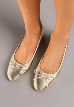 Złote Casualowe Balerinki na Płaskiej Podeszwie Wykończone Kokardką Rivashani