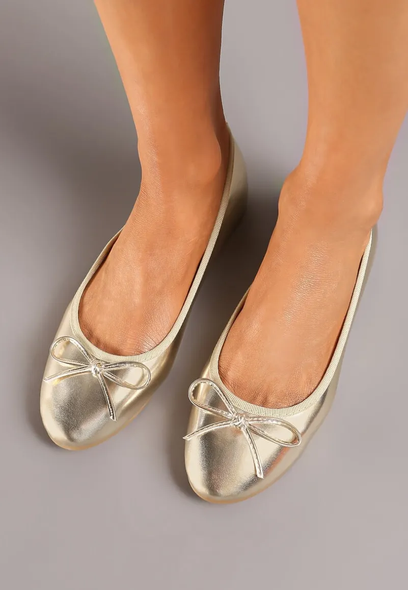 Złote Casualowe Balerinki na Płaskiej Podeszwie Wykończone Kokardką Rivashani