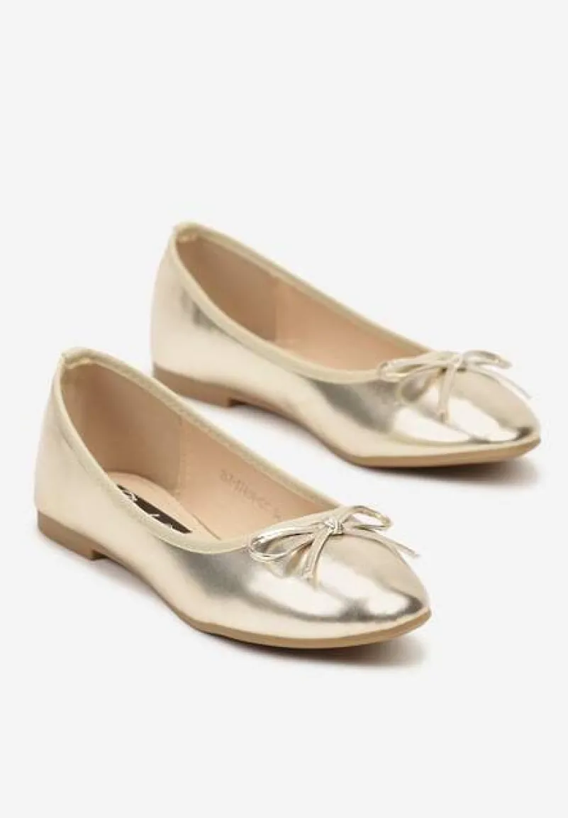 Złote Casualowe Balerinki na Płaskiej Podeszwie Wykończone Kokardką Rivashani