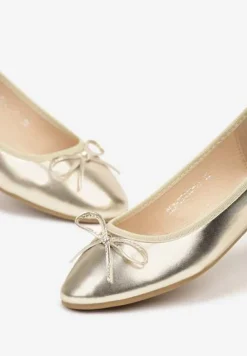 Złote Casualowe Balerinki na Płaskiej Podeszwie Wykończone Kokardką Rivashani