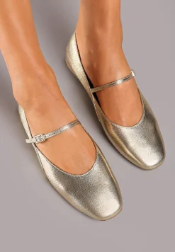 Złote Casualowe Balerinki Mary Jane z Ozdobnym Paseczkiem ze Sprzączką Nailira