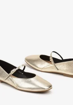 Złote Casualowe Balerinki Mary Jane z Ozdobnym Paseczkiem ze Sprzączką Nailira