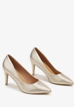 Złote Casualowe Czółenka na Szpilce z Wkładką ze Skóry Naturalnej Lerelit