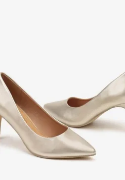 Złote Casualowe Czółenka na Szpilce z Wkładką ze Skóry Naturalnej Lerelit