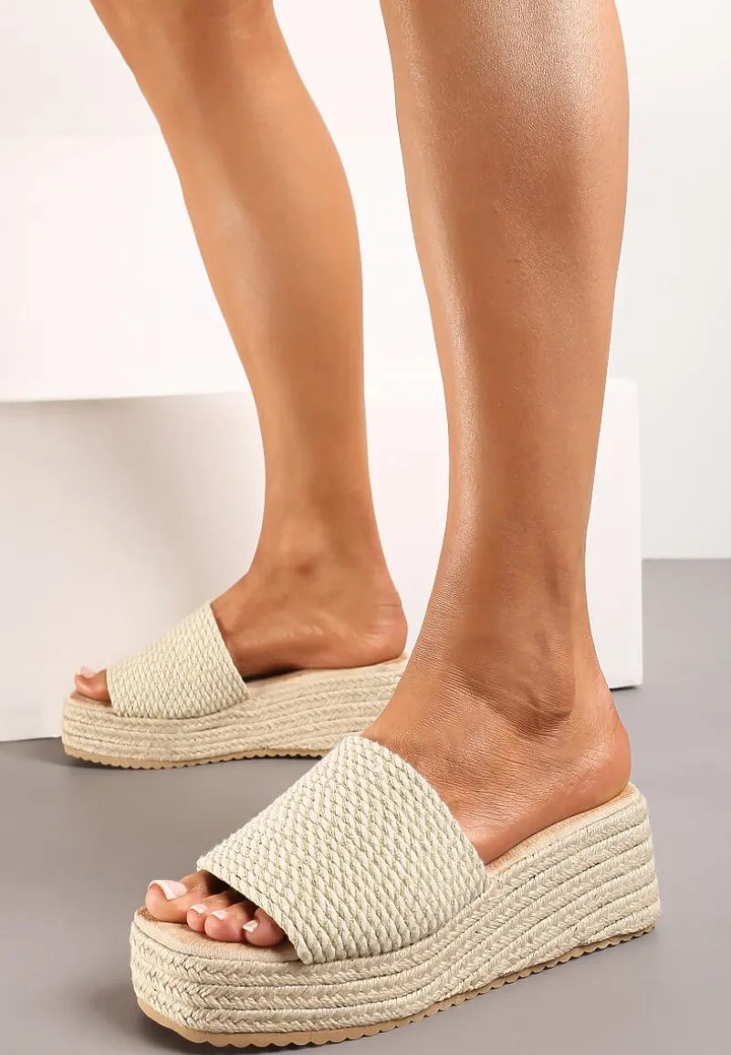 Złote Casualowe Klapki na Koturnie i Platformie w Stylu Boho Moonula