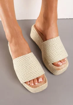 Złote Casualowe Klapki na Koturnie i Platformie w Stylu Boho Moonula
