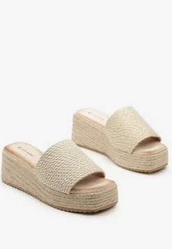 Złote Casualowe Klapki na Koturnie i Platformie w Stylu Boho Moonula