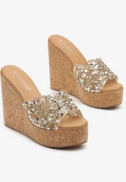 Złote Cyrkoniowe Klapki w Stylu Drewniaków na Koturnie Tillorina