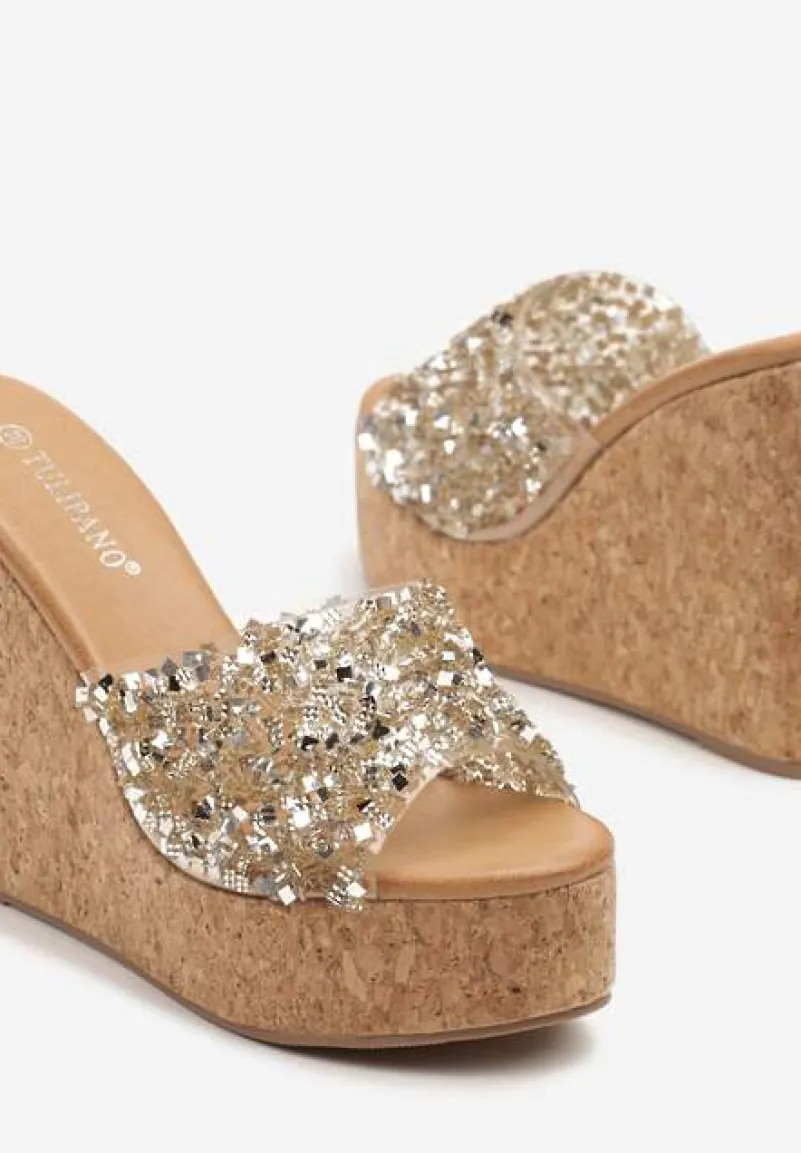 Złote Cyrkoniowe Klapki w Stylu Drewniaków na Koturnie Tillorina