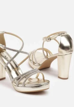 Złote Cyrkoniowe Sandały na Słupku z Ozdobnymi Paskami Beridara