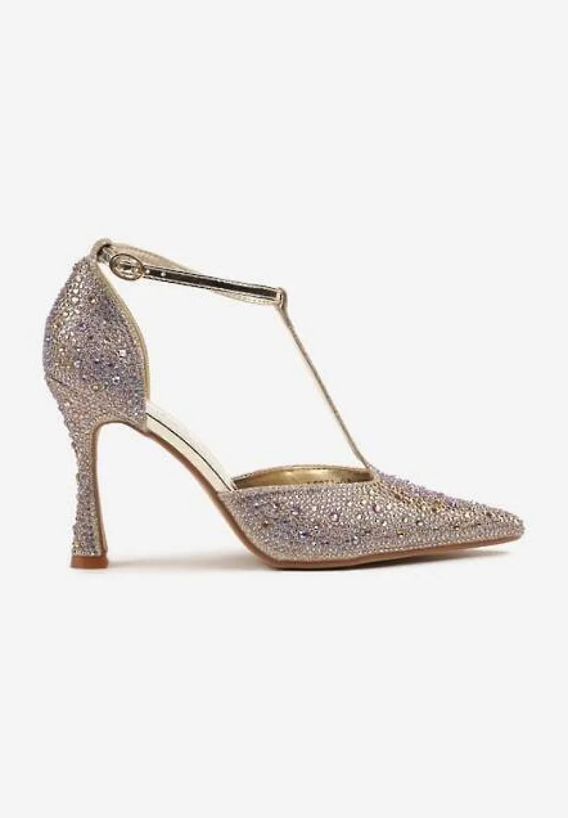 Złote Cyrkoniowe Sandały na Szpilce ze Szpiczastym Noskiem Ulonella