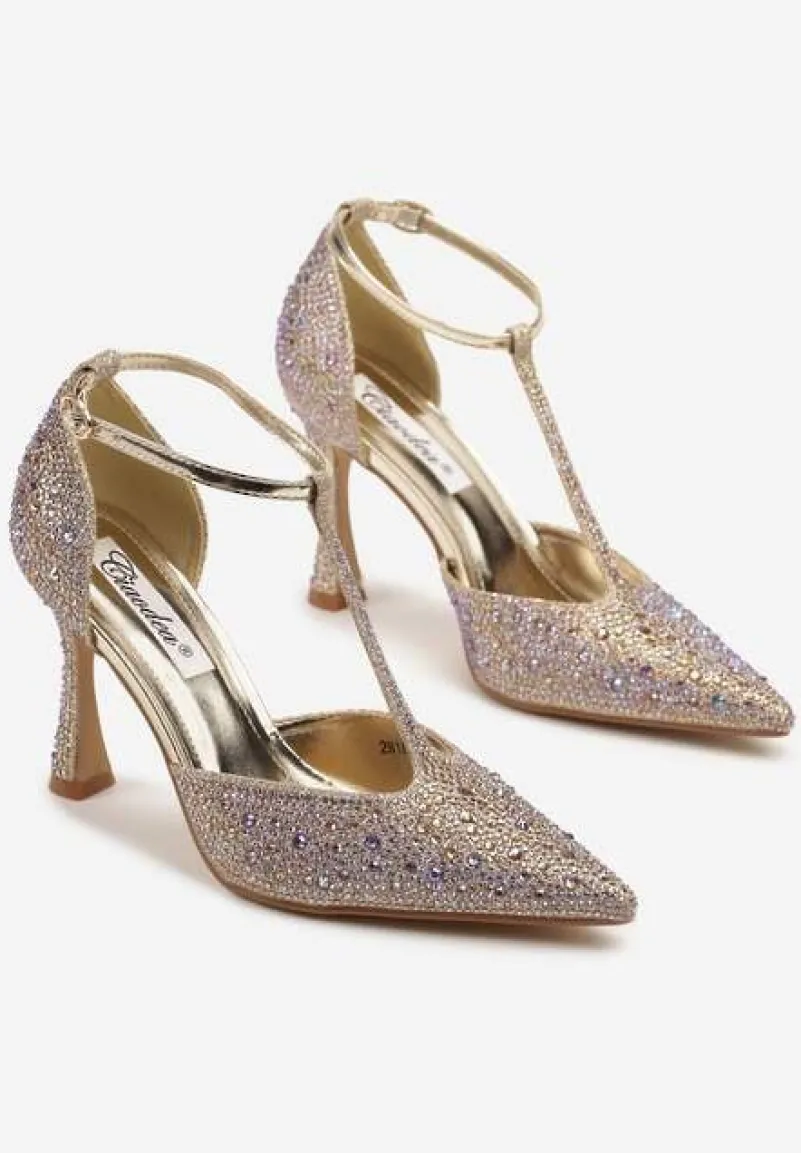 Złote Cyrkoniowe Sandały na Szpilce ze Szpiczastym Noskiem Ulonella