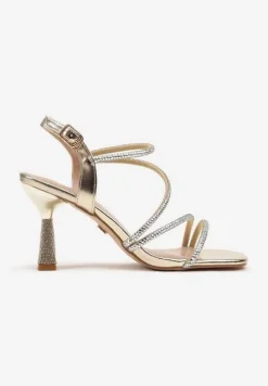 Złote Cyrkoniowe Sandały Vices na Stożkowym Obcasie Galitiela