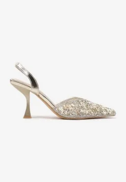 Złote Cyrkoniowe Sandały ze Szpiczastym Noskiem na Obcasie Noredis