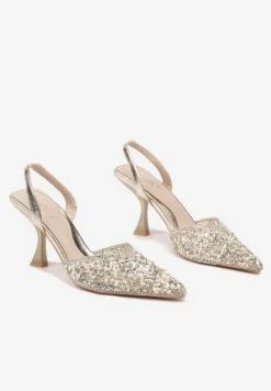 Złote Cyrkoniowe Sandały ze Szpiczastym Noskiem na Obcasie Noredis