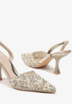 Złote Cyrkoniowe Sandały ze Szpiczastym Noskiem na Obcasie Noredis