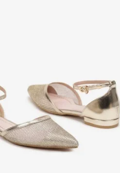 Złote Czółenka Baleriny na Płaskiej Podeszwie z Siateczkową Cholewką Neolindra