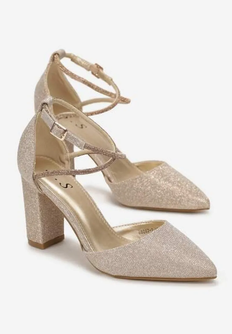 Złote Czółenka Brokatowe na Słupku z Paskiem z Cyrkoniami Keshe