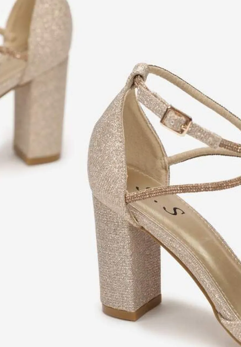 Złote Czółenka Brokatowe na Słupku z Paskiem z Cyrkoniami Keshe