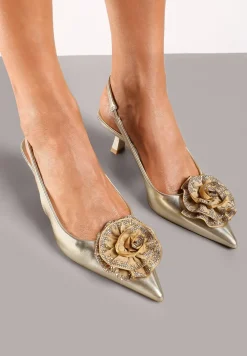 Złote Czółenka na Obcasie Typu Kaczuszka ze Szpiczastym Noskiem i Kwiatową Ozdobą 3D Sinavia