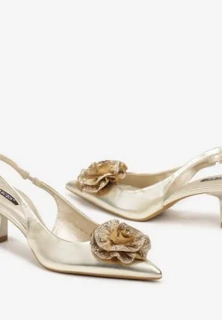 Złote Czółenka na Obcasie Typu Kaczuszka ze Szpiczastym Noskiem i Kwiatową Ozdobą 3D Sinavia