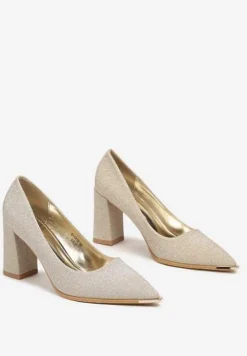 Złote Czółenka na Słupku z Brokatem Evendra