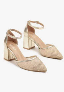 Złote Czółenka na Słupku z Siateczkową Cholewką i Cyrkoniami Ariveli