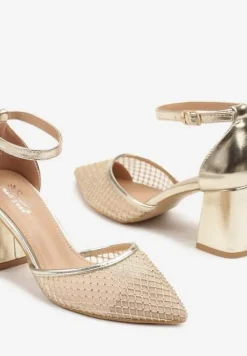 Złote Czółenka na Słupku z Siateczkową Cholewką i Cyrkoniami Ariveli