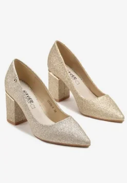 Złote Czółenka na Słupku Zdobione Brokatem ze Skórzaną Wkładką Celanitia