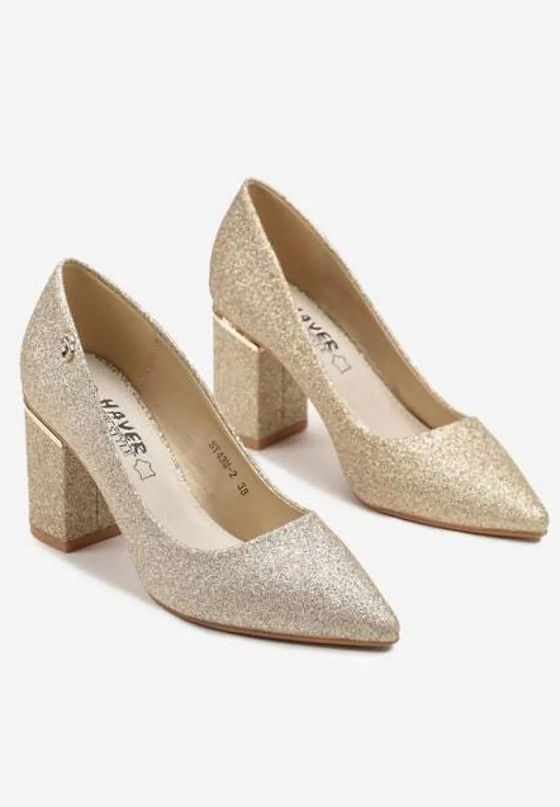 Złote Czółenka na Słupku Zdobione Brokatem ze Skórzaną Wkładką Celanitia