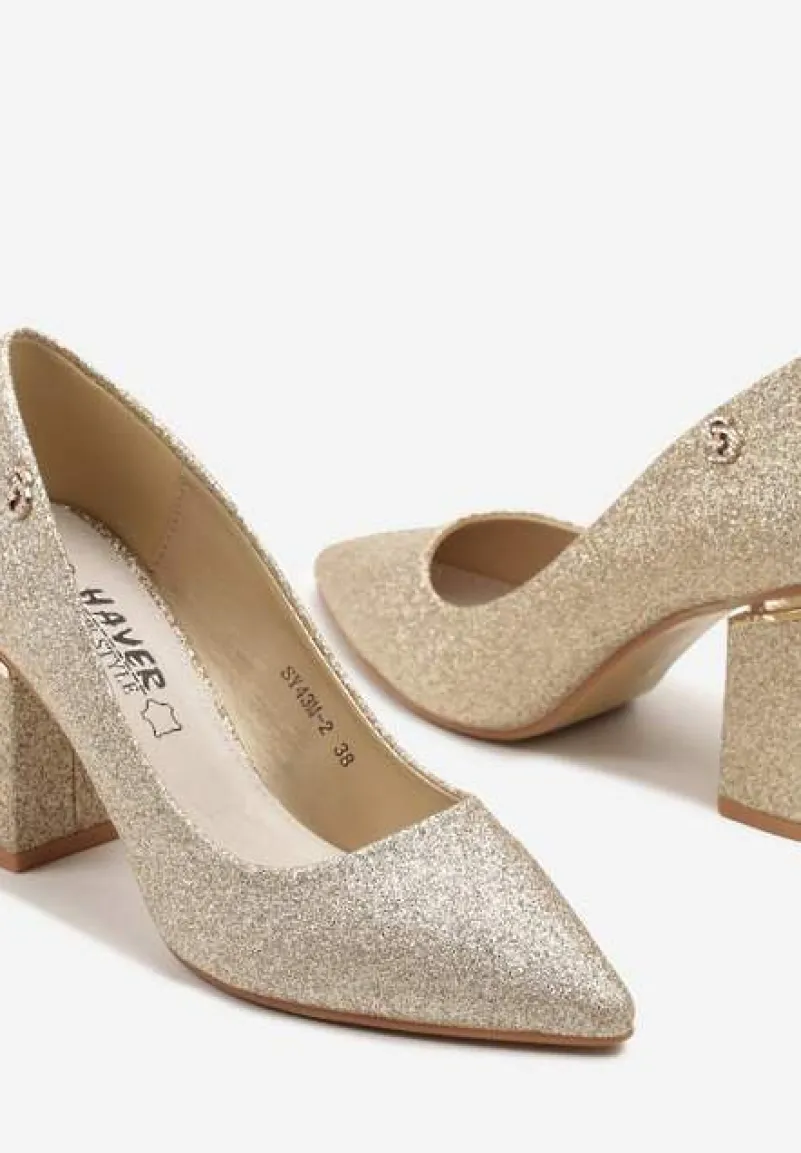 Złote Czółenka na Słupku Zdobione Brokatem ze Skórzaną Wkładką Celanitia