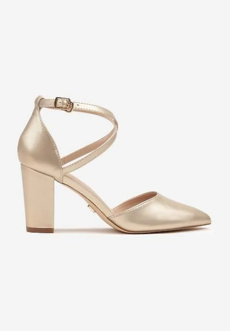 Złote Czółenka na Słupku ze Skórzaną Wkładką i Ozdobnymi Paskami Leaniria