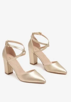 Złote Czółenka na Słupku ze Skórzaną Wkładką i Ozdobnymi Paskami Leaniria