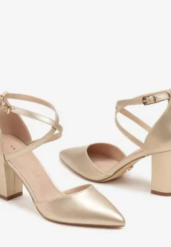 Złote Czółenka na Słupku ze Skórzaną Wkładką i Ozdobnymi Paskami Leaniria