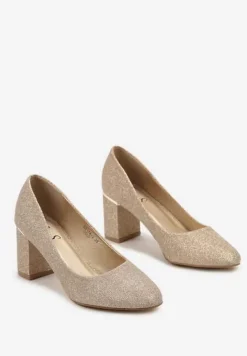 Złote Czółenka Ozdobione Brokatem na Słupku z Metaliczną Lamówką Ealira