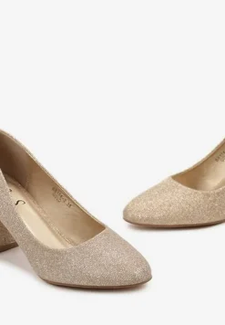 Złote Czółenka Ozdobione Brokatem na Słupku z Metaliczną Lamówką Ealira