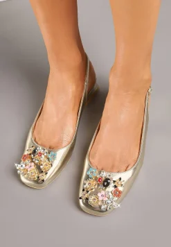 Złote Czółenka Slingback Vices z Cyrkoniami i Wkładką ze Skóry Eklina