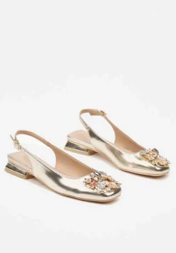 Złote Czółenka Slingback Vices z Cyrkoniami i Wkładką ze Skóry Eklina