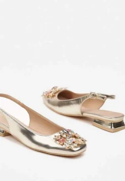 Złote Czółenka Slingback Vices z Cyrkoniami i Wkładką ze Skóry Eklina